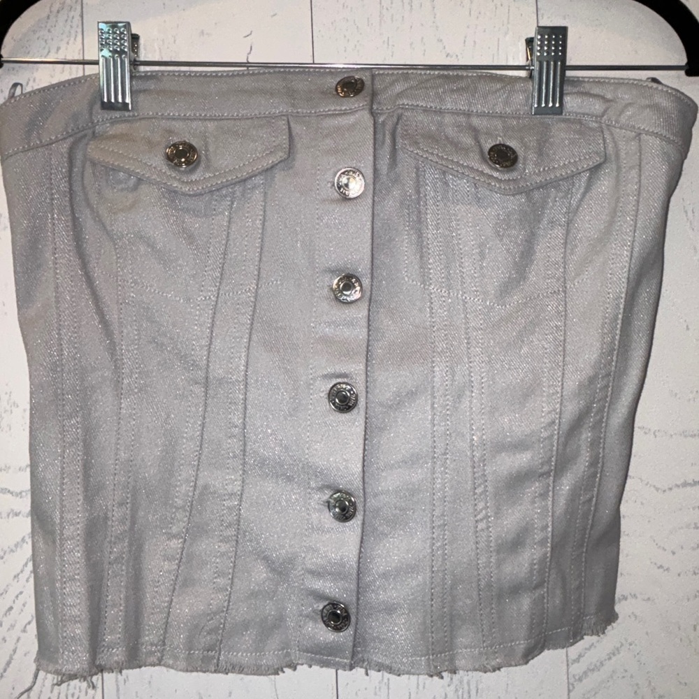 New! Zara Denim Grey Silver Sparkle Top Small - Picture 3 of 7